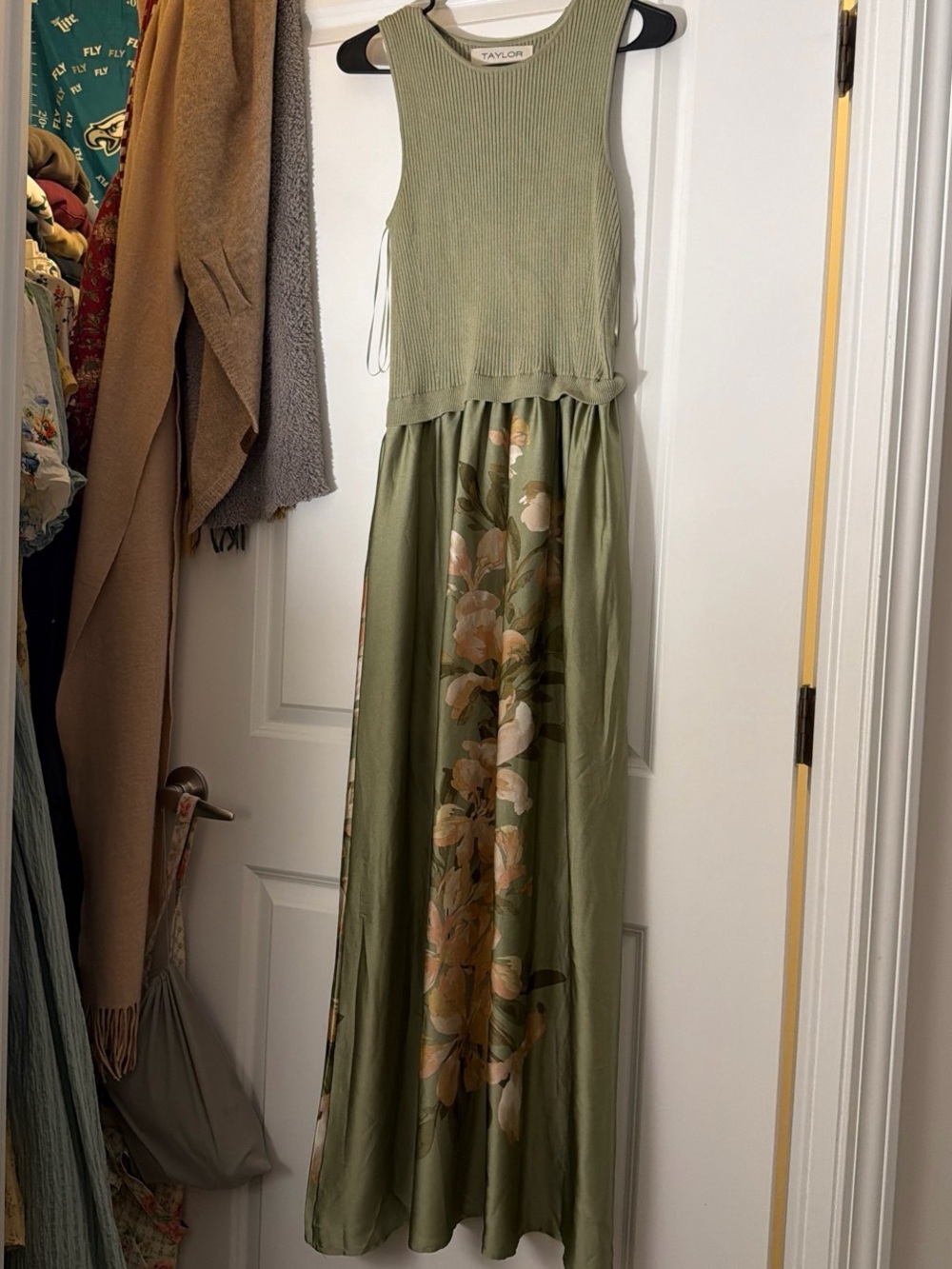 Taylor Olive Green Floral Knit-Top Maxi Dress